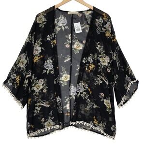 Liberty Love Kimono Small Black Floral Sheer Pom Trim Boho NWT